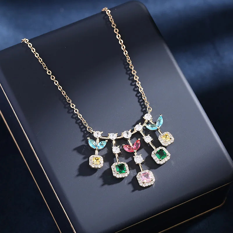 Bilincolor Colorful Micro Zircon Earrings and Necklace，Olive Branch Jewelry Set for Gift