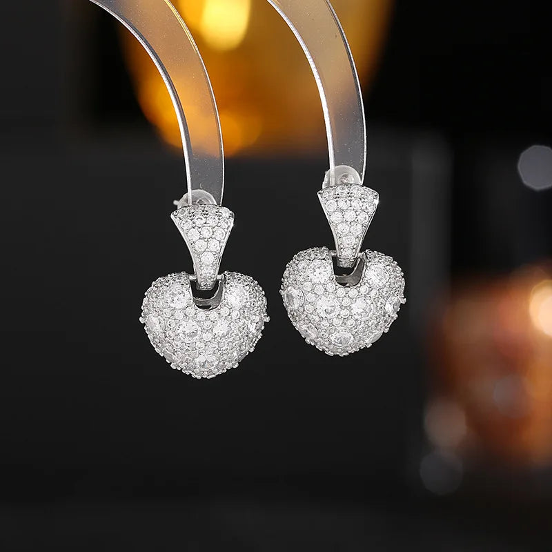 Bilincolor Light Luxury  Zircon Three-dimensional Heart-shaped Earrings  for Wedding or Party