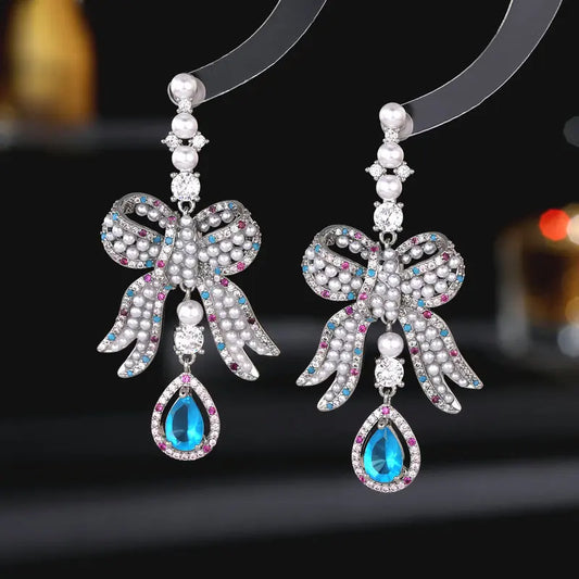 Bilincolor Romantic and Elegant Heavy Industry Water Drop Pearl Bow Earrings for Women