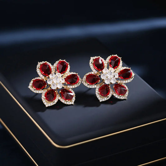 Bilincolor Luxury Zircon Six Petal Flower Earrings for   Wedding or Party