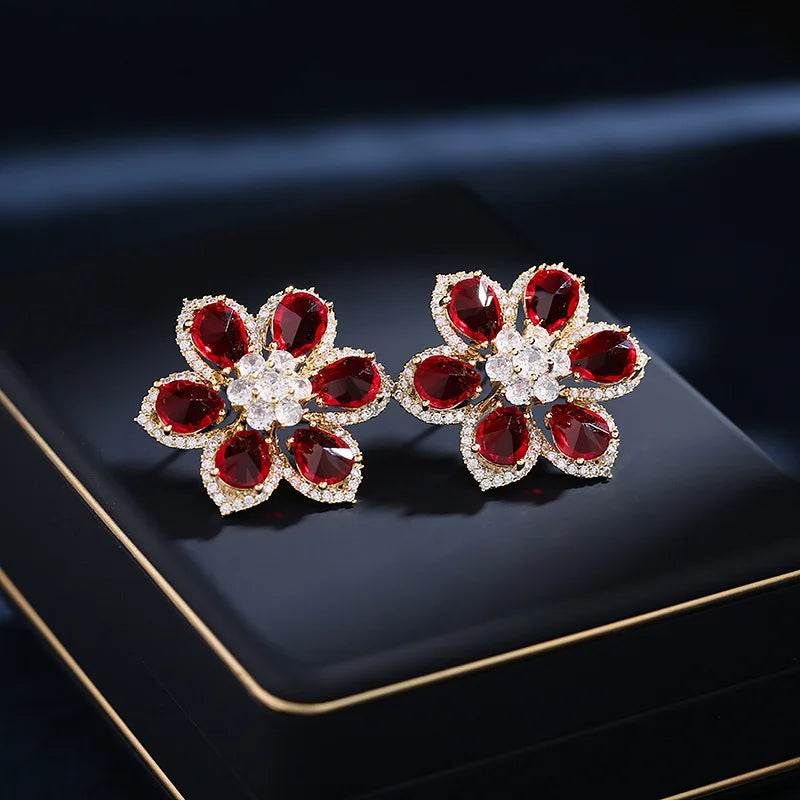 Bilincolor Luxury Zircon Six Petal Flower Earrings for   Wedding or Party