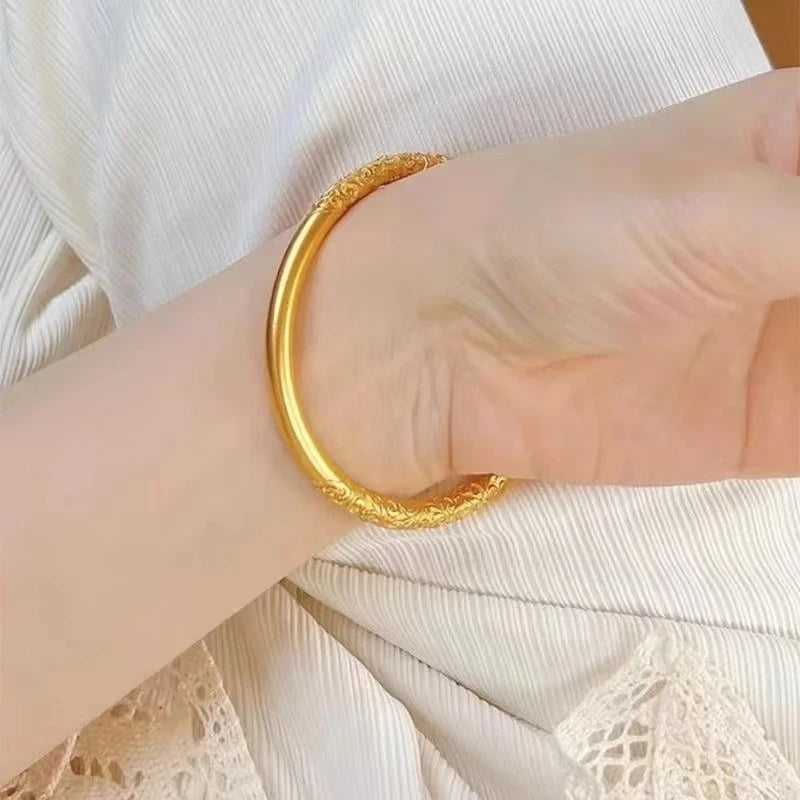 24k Gold Color Carving Flower Round Circle Cuff Bangle Bracelets for Women Wedding Jewelry Party Gifts Wholesale