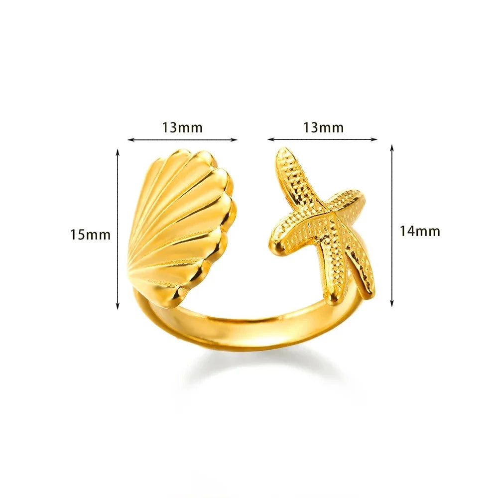 Shell Starfish Rings for Women Waterproof Gold Color Stainless Steel Ring Ocean Aesthetic Jewelry Lucky Couple Gift anillos 2024