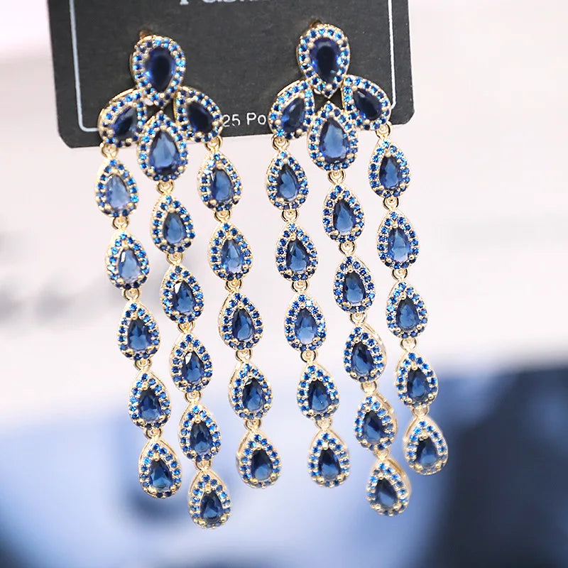 Bilincolor Micro Set Deep Blue Zircon Water Drop Tassel Earrings for Women