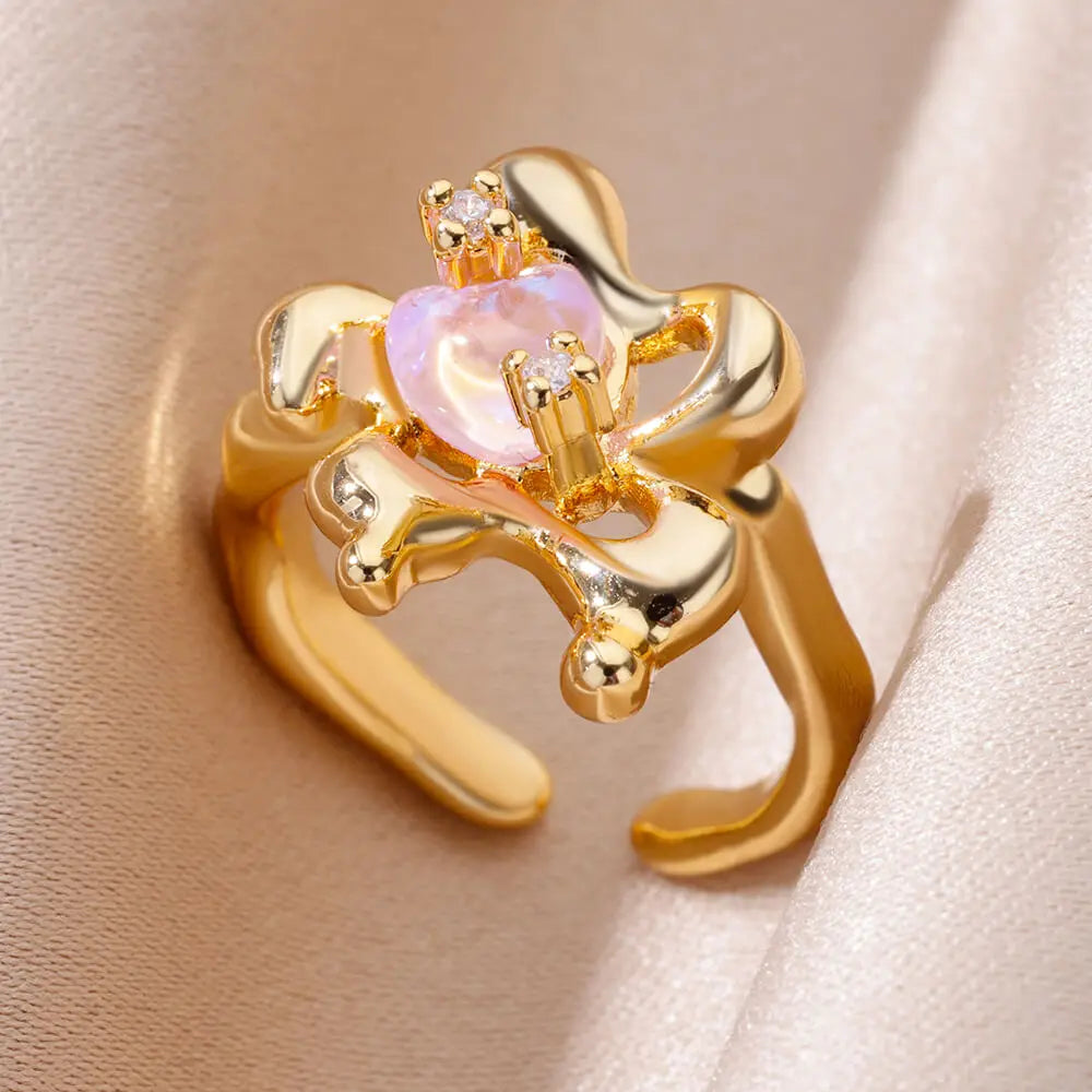 Pink Zircon Flower Rings for Women Gold Color Stainless Steel Ring 2024 Trend Elegant Floral Luxury Aesthetic Jewelry anillos