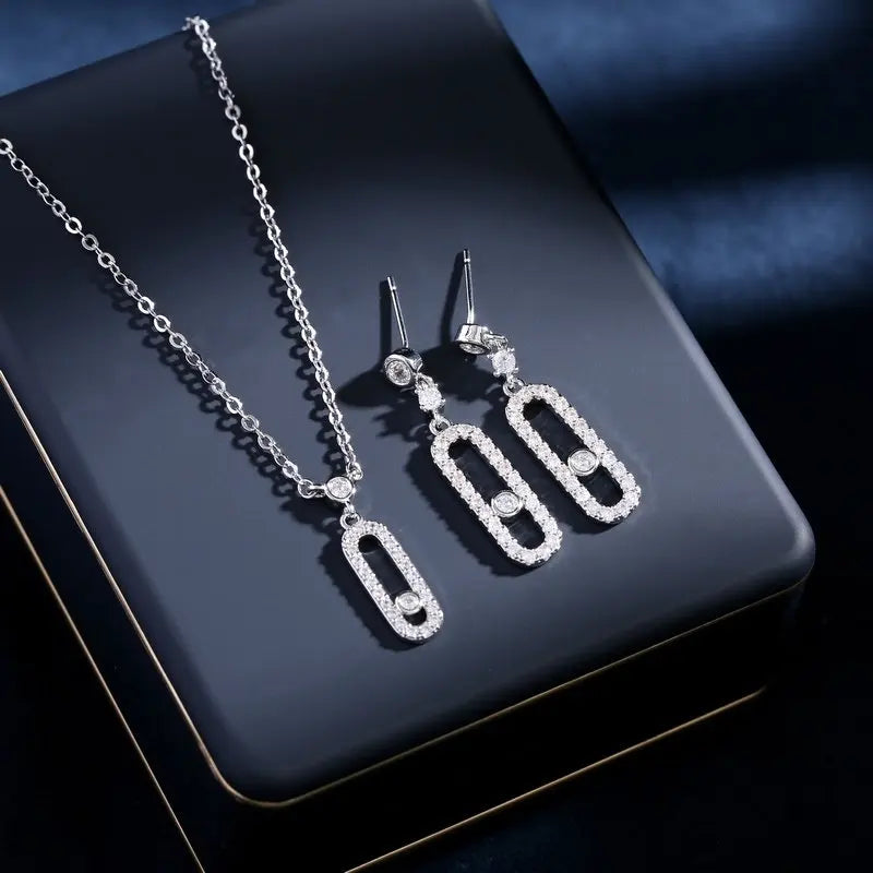 Bilincolor Korean Version Fresh Zircon Inlaid Earrings Collarbone Chain Jewelry Set for Gift