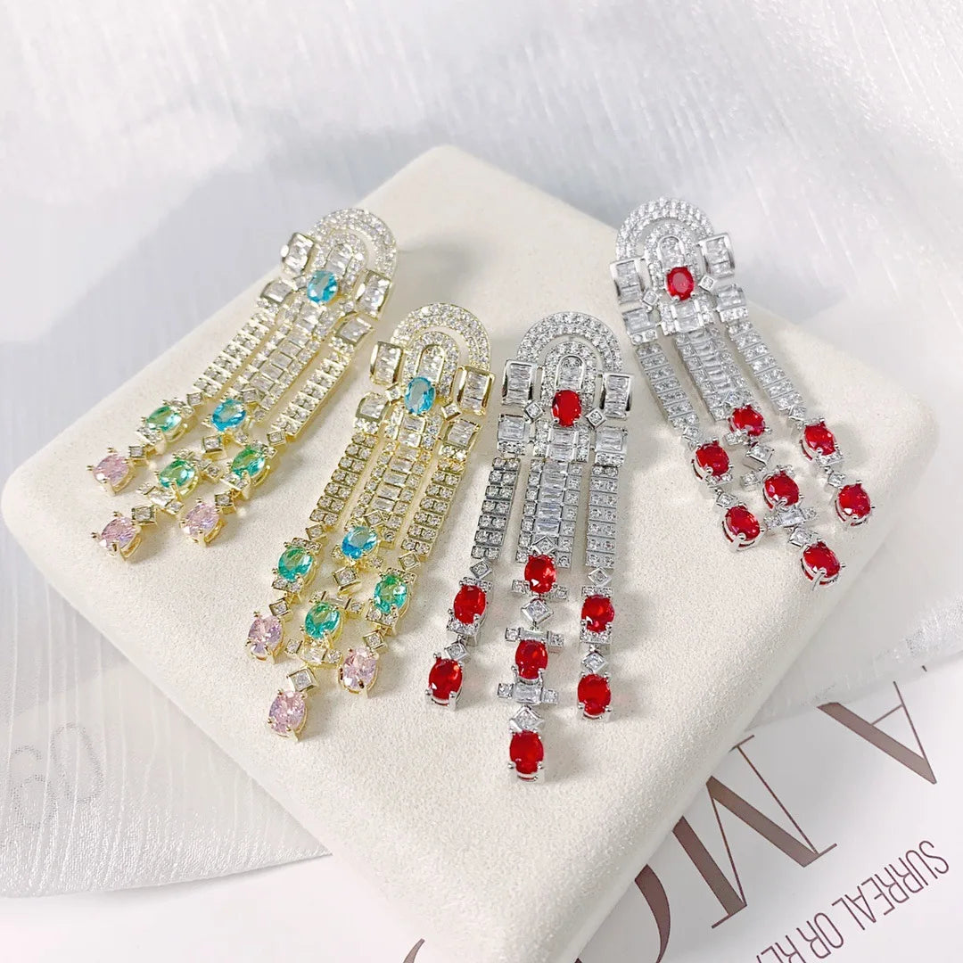 Bilincolor  Light Luxury Colorful Gem Tassel Earrings for Women