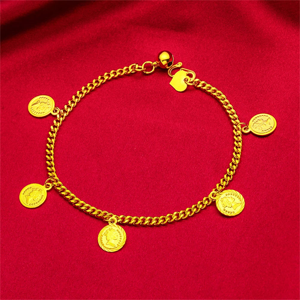 Women's Hand Bracelets Gold Color Round Coin Charm Bracelet Chain 18.5cm Pulsera Femme Wristband Retro Jewelry Accessories Gifts