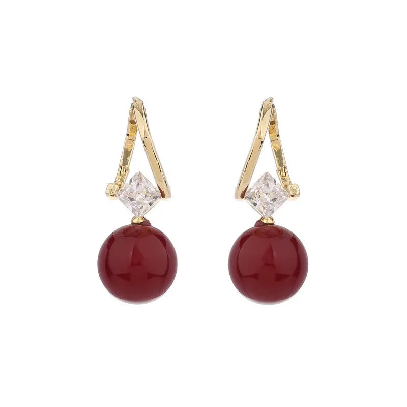 Bilincolor Light Luxury  Acacia Red Bean Wine Red Pearl Earrings  for Wedding or Party