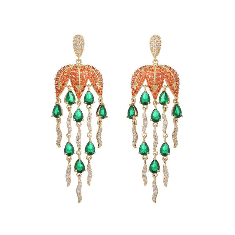 Bilincolor Luxury Colorful Zircon Inlaid Petal Water Drop Fringe Earrings  for  Wedding  or Party