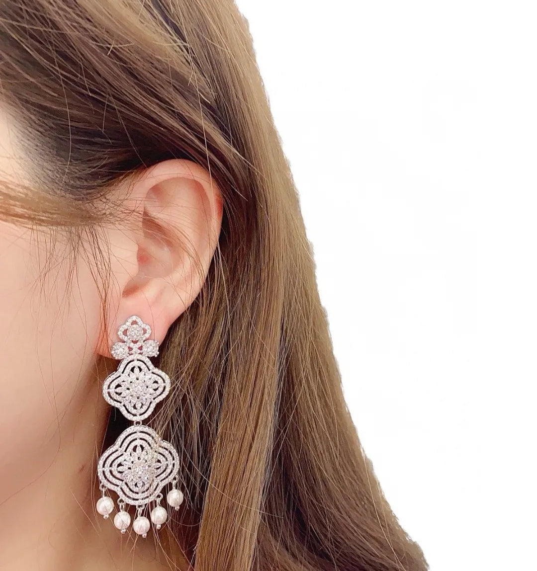 Bilincolor   Fashion Trend Palace Flower Pearl Tassel Earrings for Women