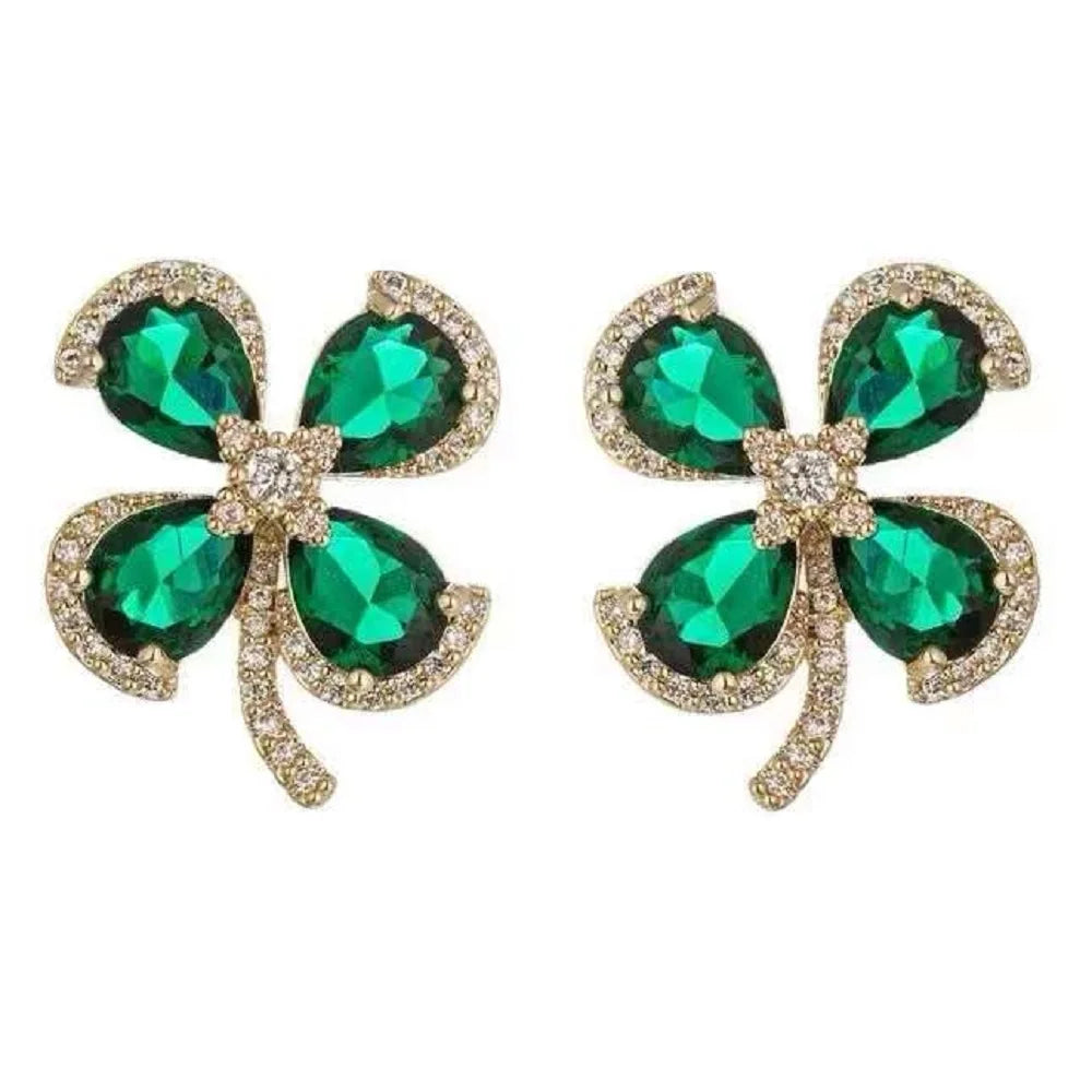 Bilincolor Light Luxury Transparent Zircon Lucky Grass Four petal Flower Earrings for Women