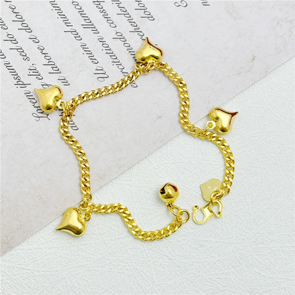 Yellow Gold Color Link Chain Bracelets For Women Five Hearts Charm Bracelet Pulseira Femme Wristband Retro Jewelry Wholesale