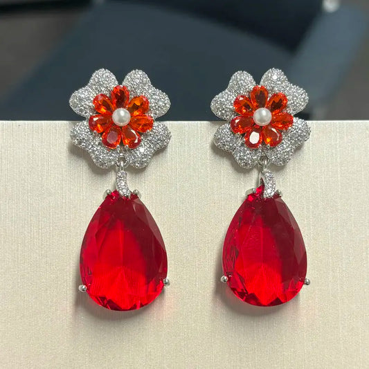 Bilincolor New Fashionable and Atmospheric Droplet Shaped Colorful Zircon Flower Light Luxury Style Earrings For Women