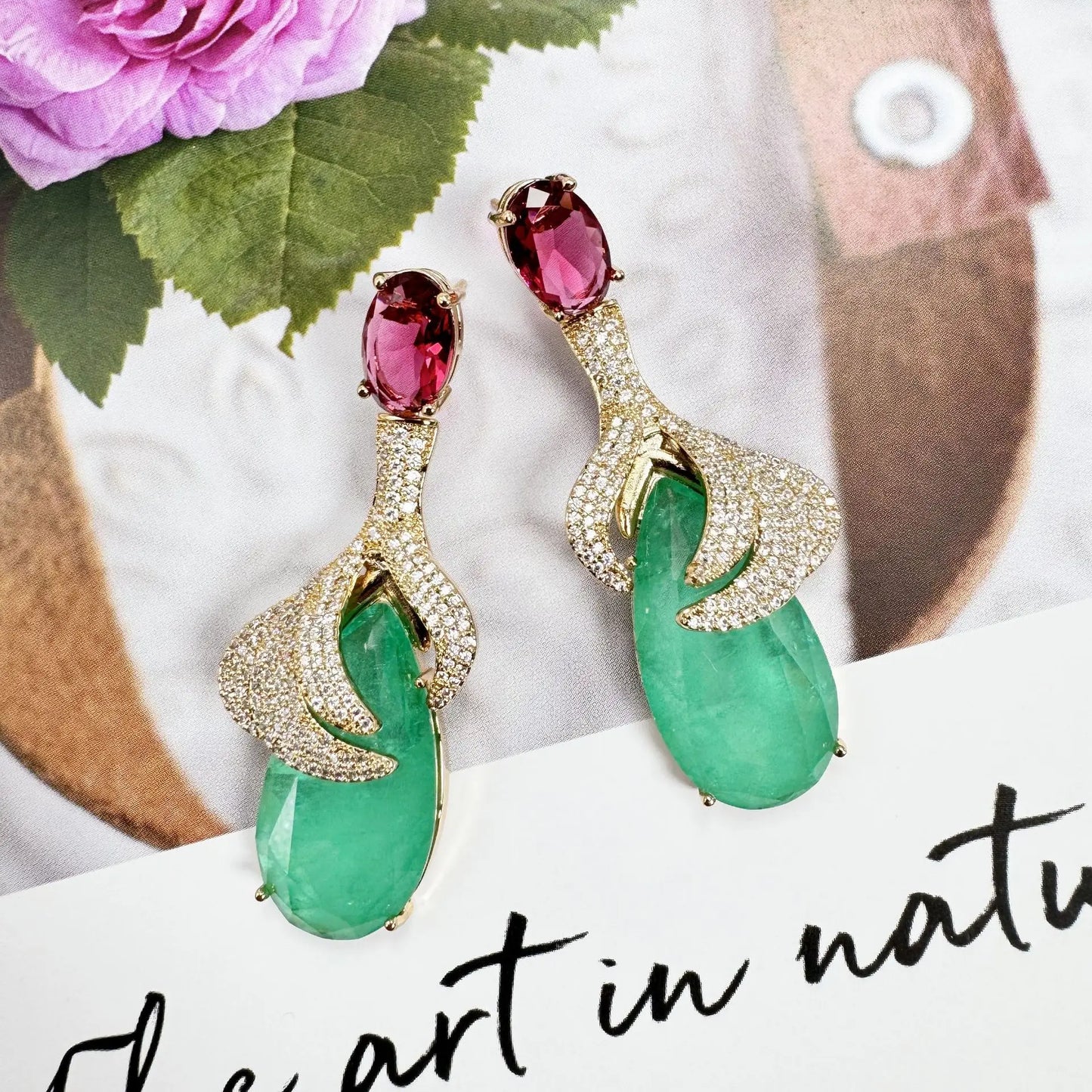 Bilincolor Three Dimensional Zircon Flower Leaf Earrings For Women