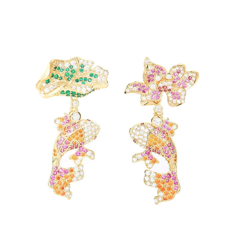 2022 Flower Koi Fish Light Luxury Fashion Versatile Earrings   for Wedding or Party