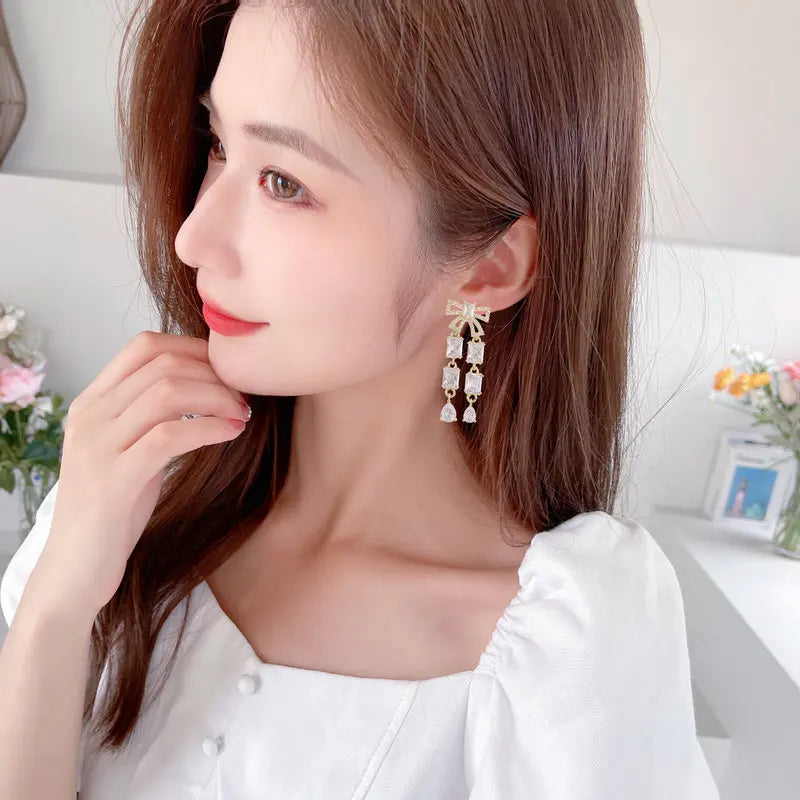 Bilincolor Fashionable Zircon Mosaic Bowknot Long Tassel Earrings for Gift for Black Friday