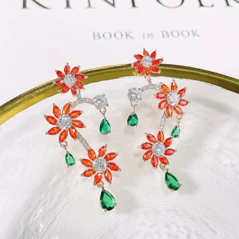 Bilincolor Light luxury Temperament, Exquisite Micro Inlaid Zircon Flower Pendant Earrings  for Women