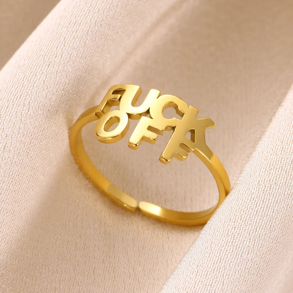 Gold Color Fuxk off Rings for Women Opening Stainless Steel Ring 2024 Trend New in Design Letter Band Couple Aesthetic Jewelry