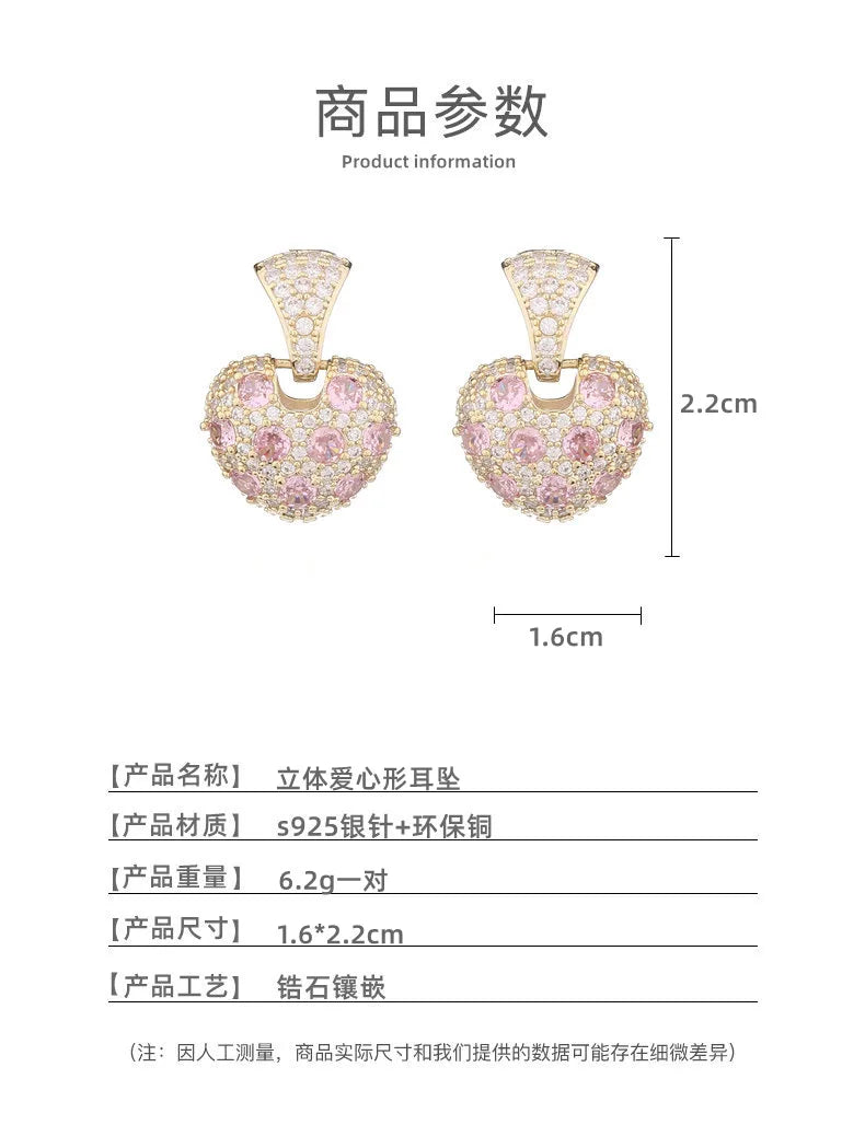 Bilincolor Light Luxury  Zircon Three-dimensional Heart-shaped Earrings  for Wedding or Party