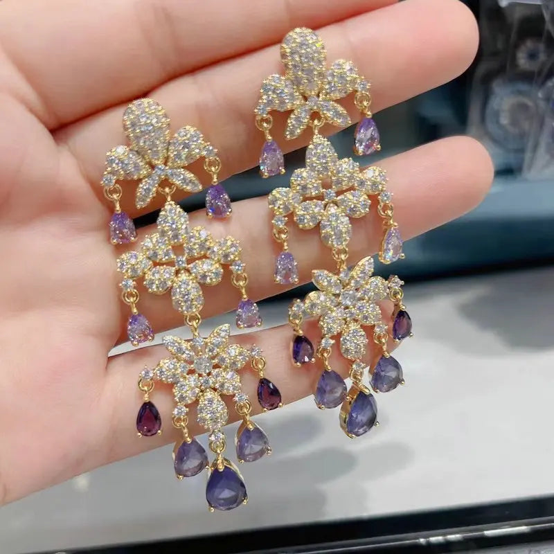 Bilincolor   Micro Set Zircon Flower Tassel Water Drop Earrings for Women