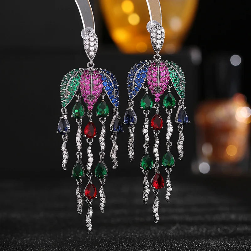 Bilincolor Luxury Colorful Zircon Inlaid Petal Water Drop Fringe Earrings  for  Wedding  or Party