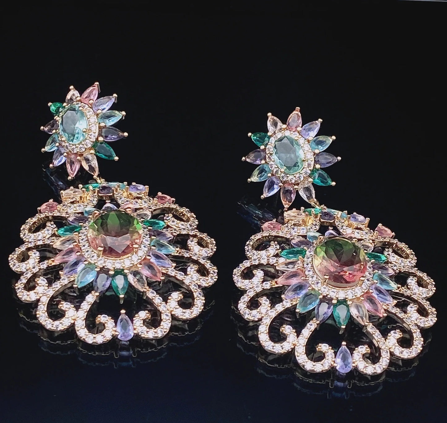 Bilincolor Heavy Industry Micro Inlaid Zircon Flower Earrings For Women