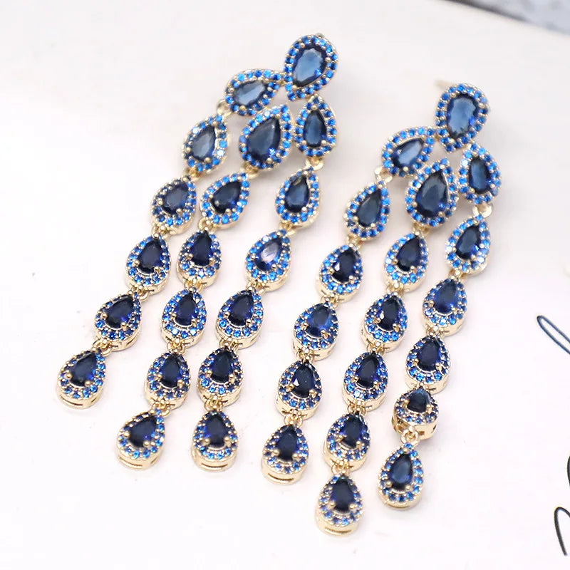 Bilincolor Micro Set Deep Blue Zircon Water Drop Tassel Earrings for Women