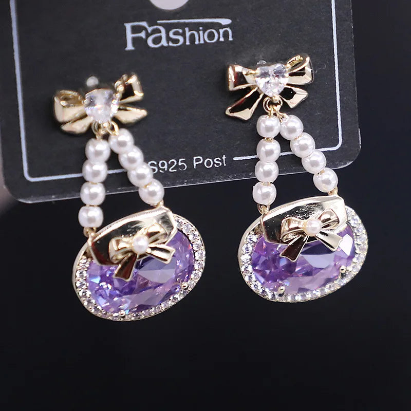 Bilincolor Bowknot Purple Oval Crystal Earrings for Women