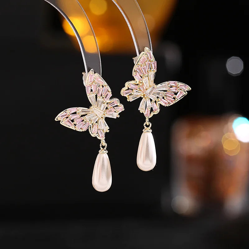 Bilincolor Simple Temperament Zircon Butterfly Pearl    Water Drop Earrings for Wedding or Party