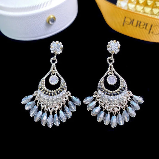 Bilincolor Vintage Fan Fringed Grey Crystal Bohemian Earrings for Women