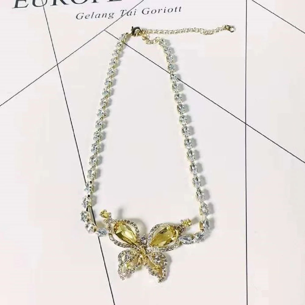 Bilincolor Light Luxury Micro Set Zircon Yellow Zircon Butterfly Necklace and Earrings for Women