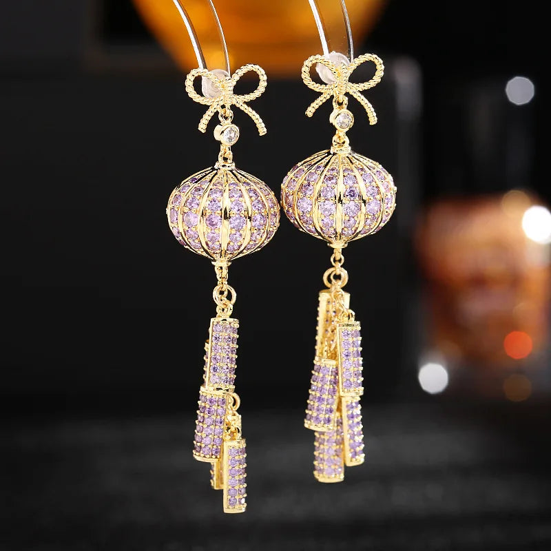 Bilincolor Light Luxury  Red Lantern Zircon Earrings for Wedding or Party