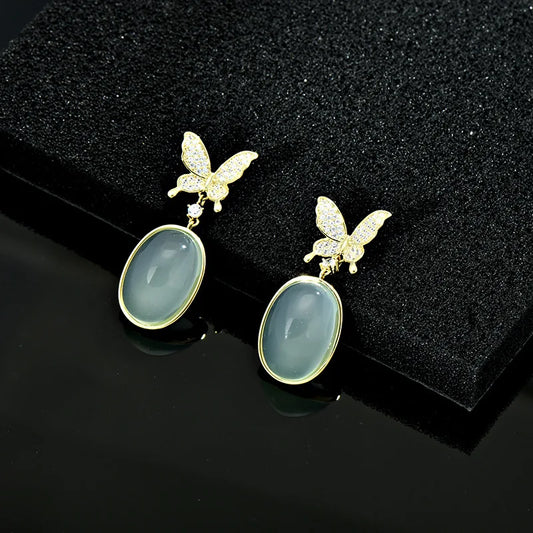 Bilincolor Light Luxury Zircon Butterfly Jade Like Earrings for Wedding or Party