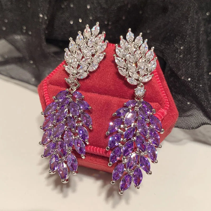 Bilincolor Purple Zircon Leaf Earrings  for Women