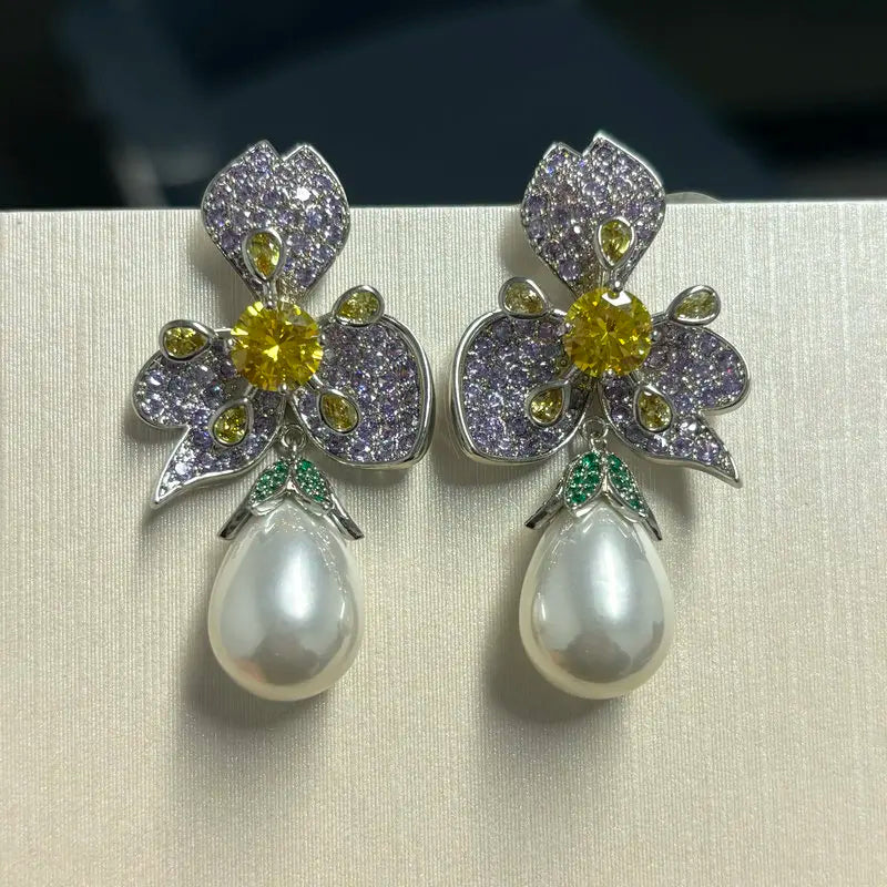 Bilincolor Fashion Cubic Zirconia Purple Flower Pearl Earrings for Women