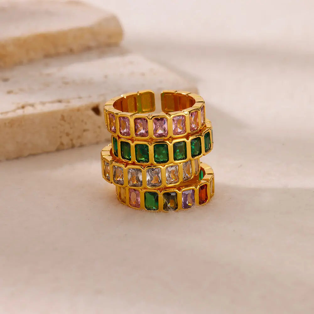 Colored Zircon Rings for Women Gold Color Open Stainless Steel Ring Brilliant Finger Accesorios Couple Aesthetic Jewelry anillos