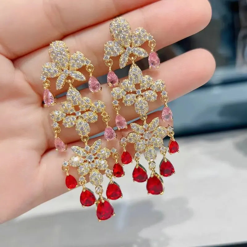 Bilincolor   Micro Set Zircon Flower Tassel Water Drop Earrings for Women