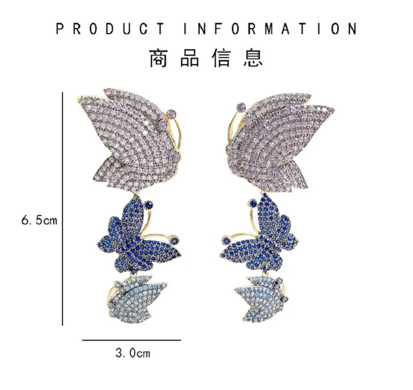 Bilincolor Light Luxury Colorful Zircon Butterfly Earrings for Women