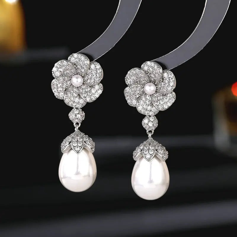 Bilincolor Light Luxury  icro-set Process Zircon Flower Water Drop Pearl Earrings for Women