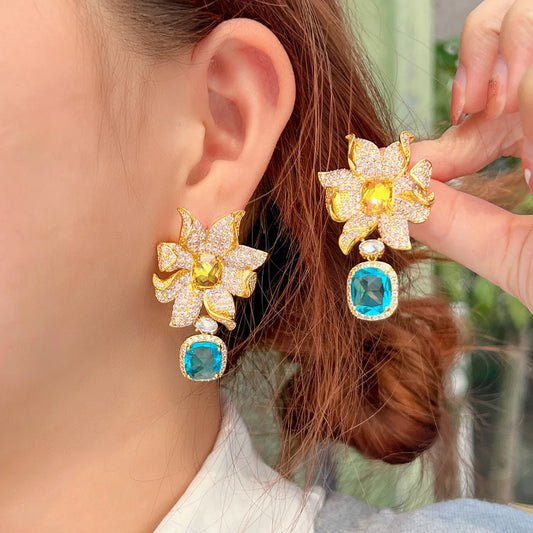 Bilincolor Korea Light Luxury Heavy Industry Zircon Flower Earrings for Women