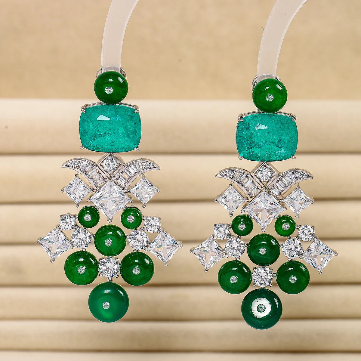 Bilincolor Green Jade Floral Shaped Earrings for Women