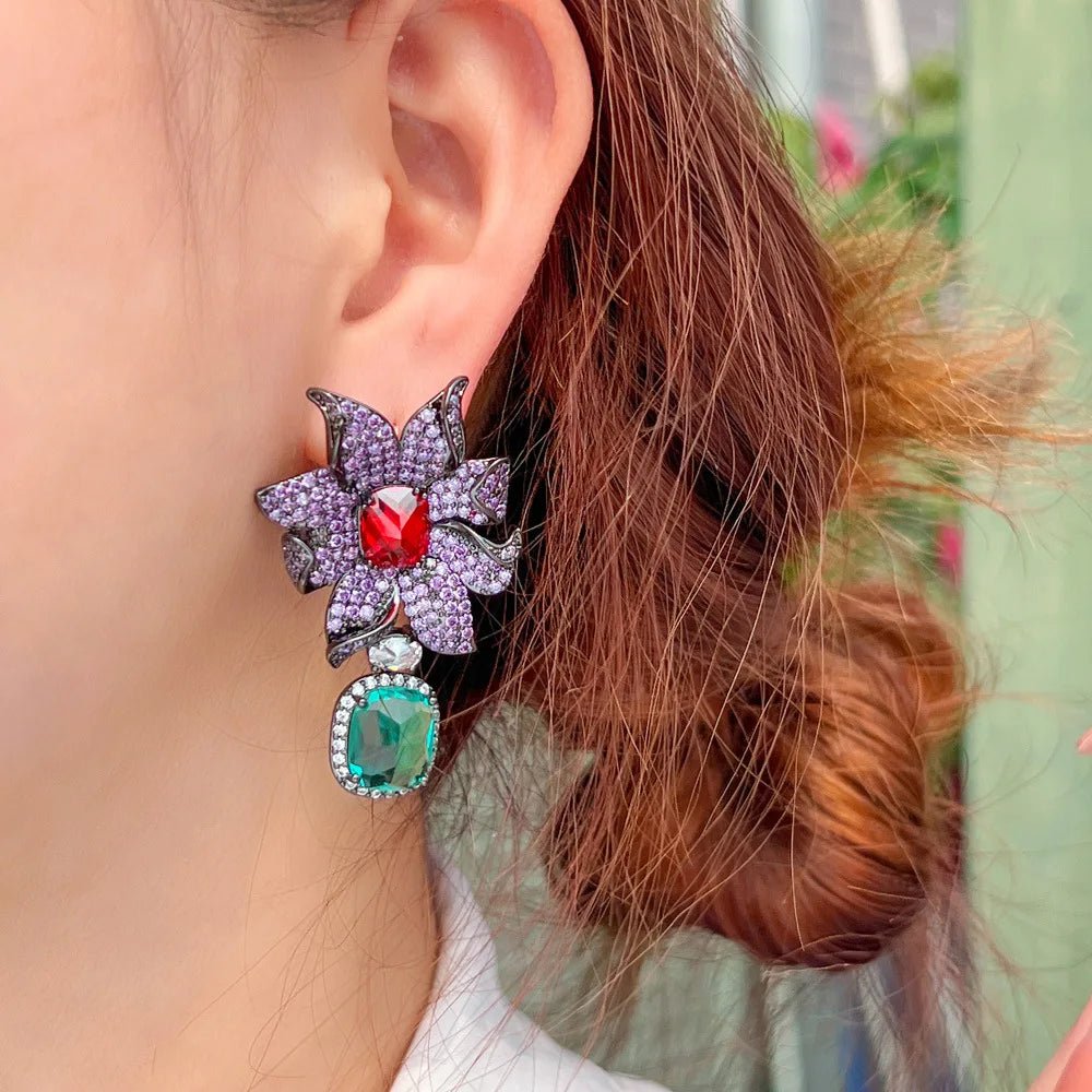 Bilincolor Korea Light Luxury Heavy Industry Zircon Flower Earrings for Women