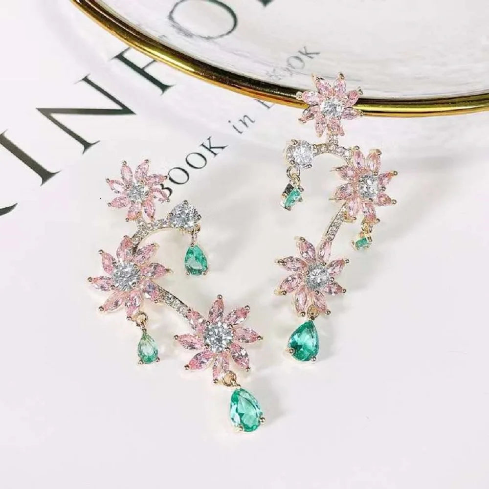 Bilincolor Light luxury Temperament, Exquisite Micro Inlaid Zircon Flower Pendant Earrings  for Women