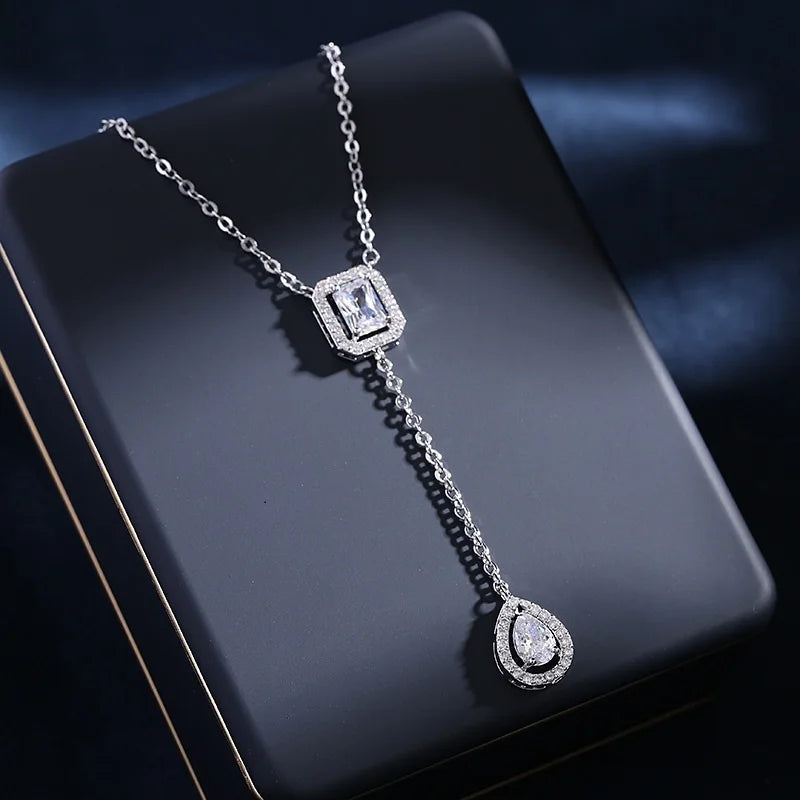 Bilincolor New Square Water Drop Zircon Earrings Collar Chain Jewelry Set for Gift