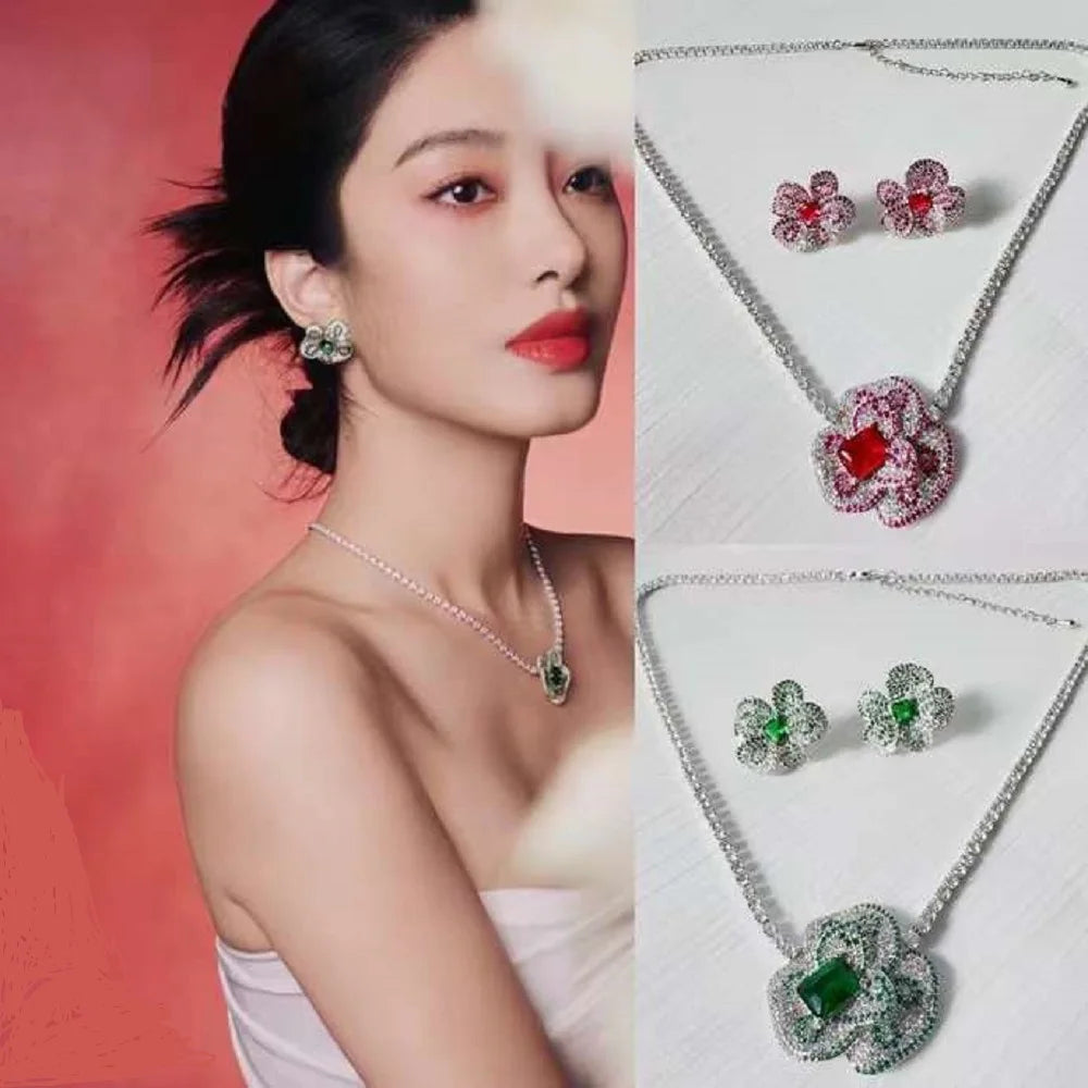 Bilincolor Green and Red Light Luxury Slightly Inlaid Flower Necklace and Earrings for Women