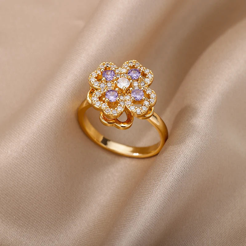 Pink Zircon Flower Rings for Women Gold Color Stainless Steel Ring 2024 Trend Elegant Floral Luxury Aesthetic Jewelry anillos