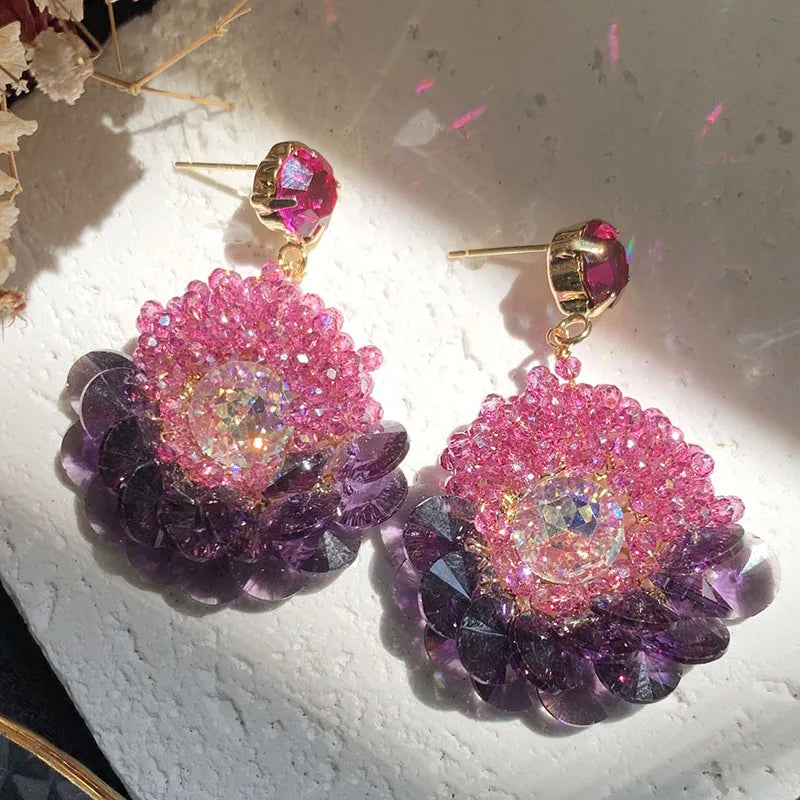 Bilincolor Luxury Rose Flower Crystal Earrings for Party or Wedding