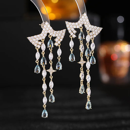 Bilincolor Long Five Pointed Star Tassel Drop Earrings For Wedding or Party