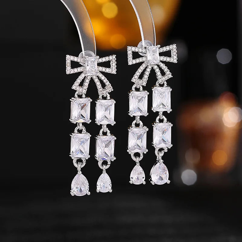 Bilincolor Fashionable Zircon Mosaic Bowknot Long Tassel Earrings for Gift for Black Friday